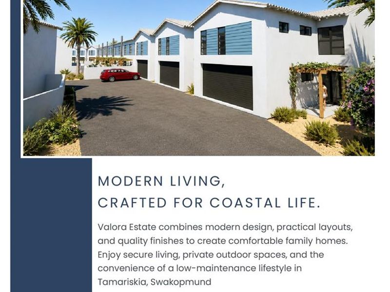 A modern townhouse exterior featuring a paved driveway and double garage doors, showcasing the contemporary architectural design of the Valora Estate development.