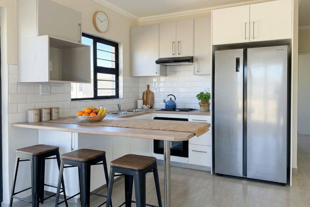 Kitchen with built-in cupboards and built-in stove.