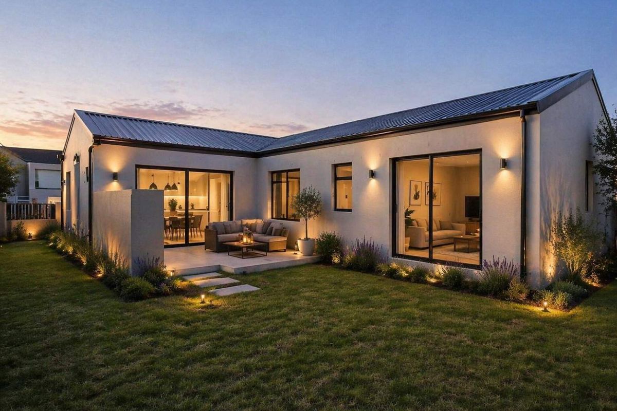 A modern rear exterior view of the house featuring a landscaped garden, paved patio area, and large sliding glass doors with integrated outdoor lighting.