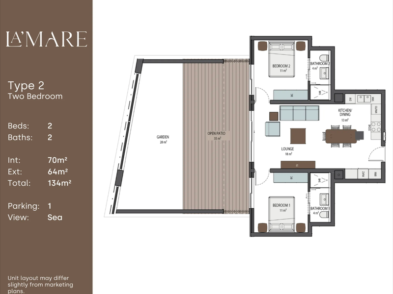 Architectural floor plan for a two-bedroom, two-bathroom apartment featuring an open-plan living area, private patio, and garden space.