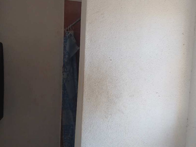 A bathroom featuring a shower partition and toilet, showing signs of wear and staining on the wall surfaces.