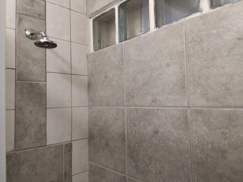 A shower enclosure featuring neutral ceramic wall tiles and a glass block window for natural light.
