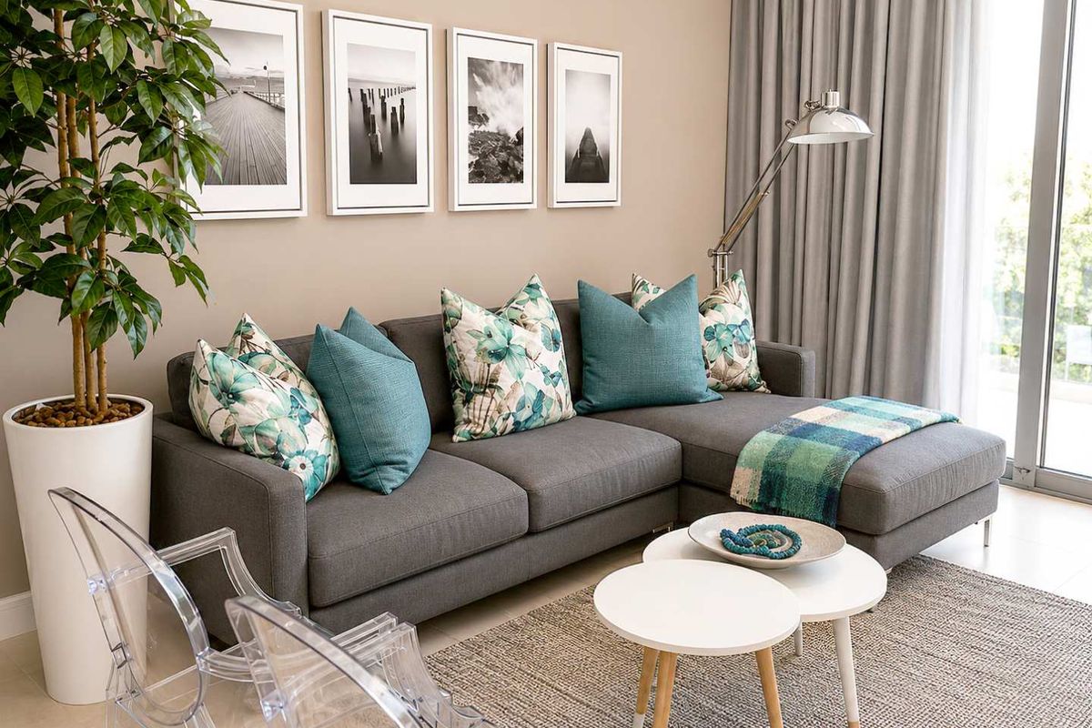 A well-lit living room featuring neutral wall tones, tiled flooring, and large sliding glass doors providing access to an outdoor area.