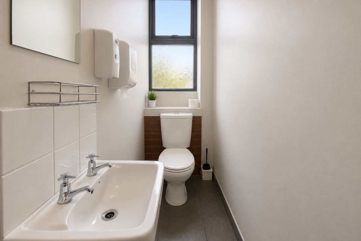 A clean and functional industrial-style restroom featuring a wall-mounted basin, toilet, and tiled flooring.