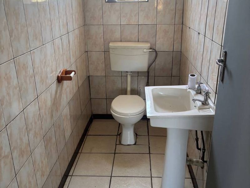 A compact guest bathroom featuring a pedestal basin, toilet, and full-height ceramic wall tiling, currently in need of cosmetic updates.