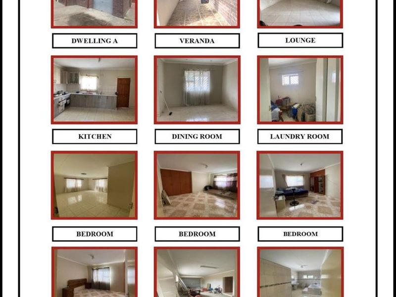 A collage of various interior and exterior images of the property, including living areas, bedrooms, kitchen, and garage.