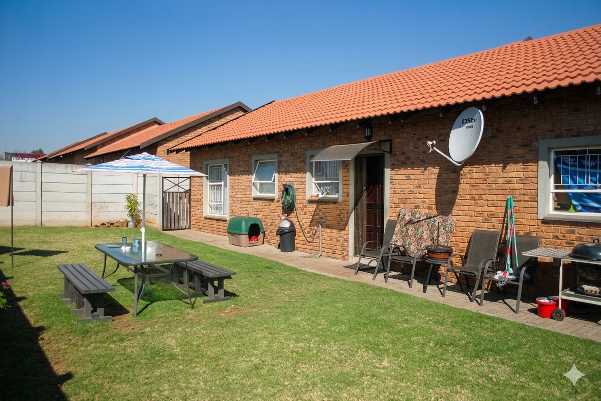 A private rear garden featuring a paved patio area, established lawn, and brick townhouse exterior with a tiled roof.
