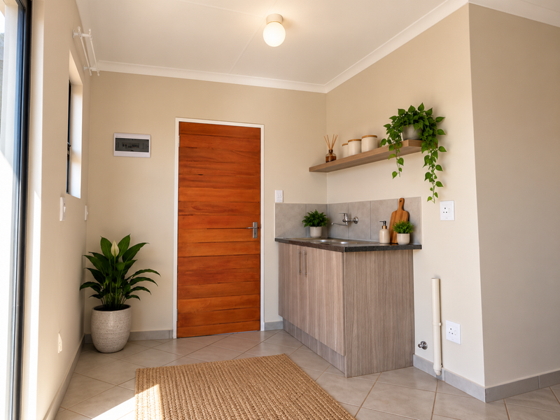 A clean and functional laundry area featuring built-in cabinetry, a sink, tiled flooring, and a solid wooden door.