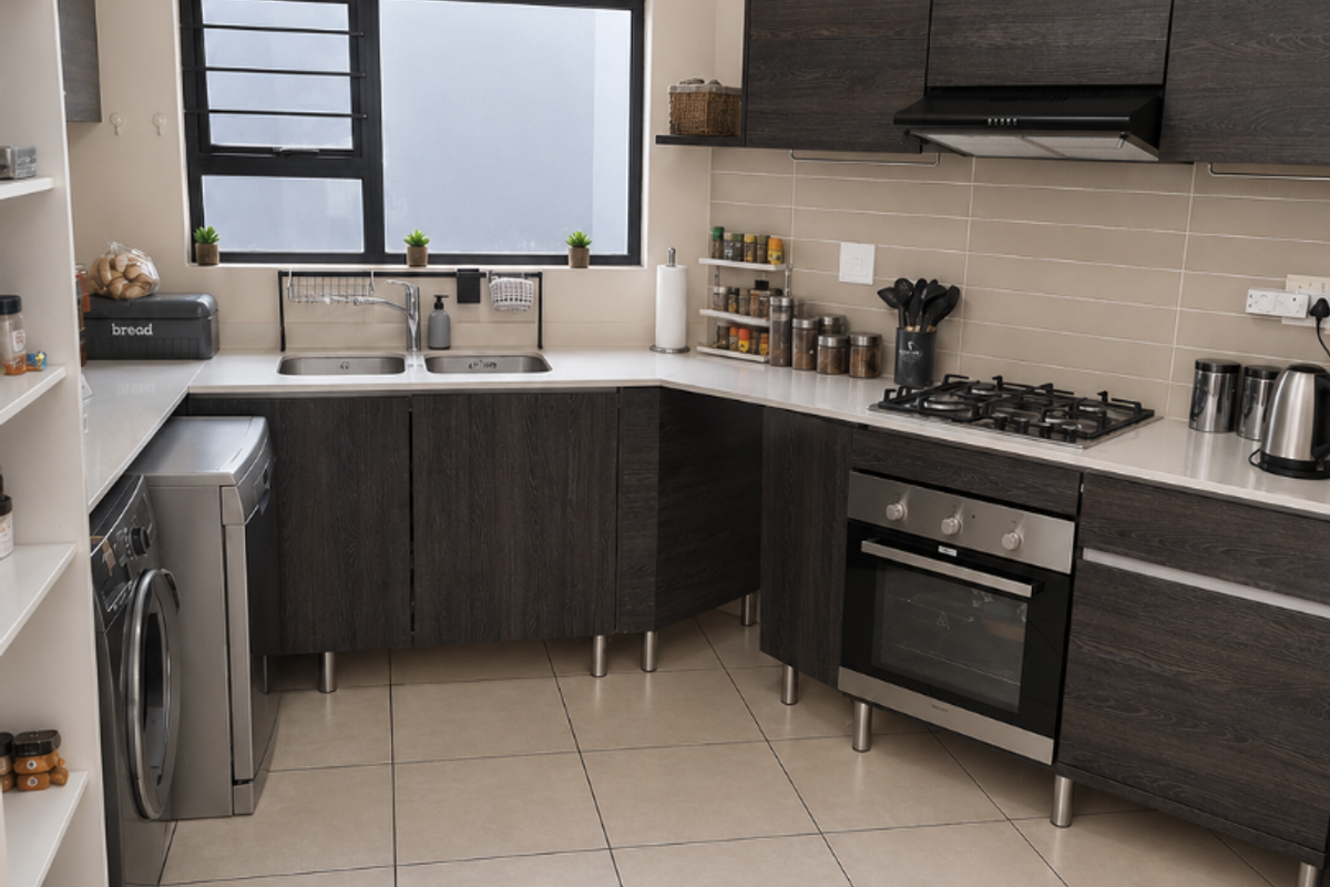 Modern kitchen featuring dark wood grain cabinetry, stone-look countertops, built-in oven, gas hob, extractor fan, and tiled flooring with a double bowl sink.