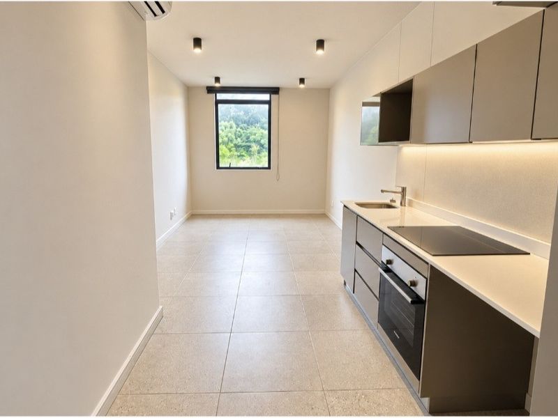 Modern open-plan kitchen and living area featuring sleek cabinetry, integrated appliances, stone countertops, and neutral tiled flooring with abundant natural light.