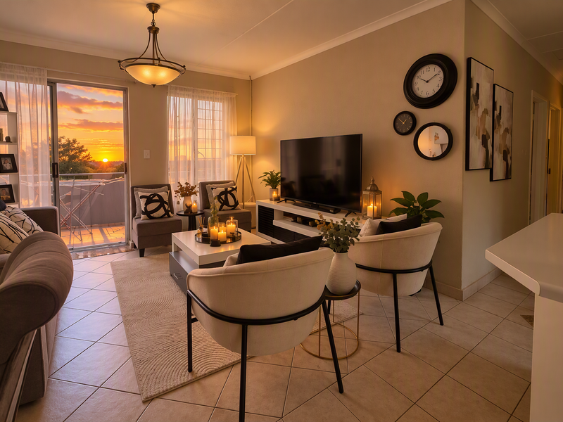 A well-lit living room featuring tiled floors, a large sliding glass door leading to a balcony, and warm ambient lighting.