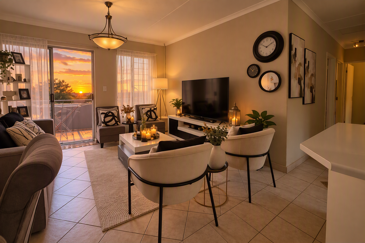 A well-lit living room featuring tiled floors, a large sliding glass door leading to a balcony, and warm ambient lighting.