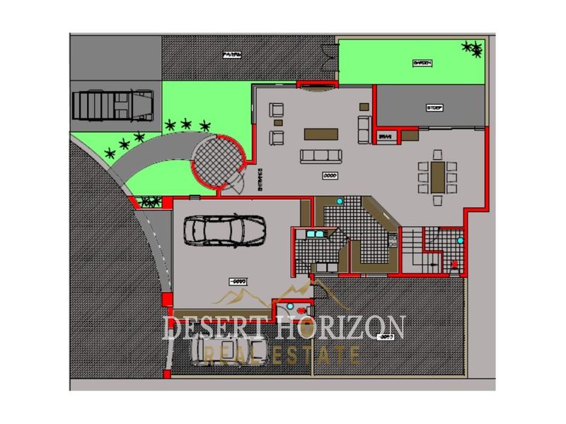 A detailed architectural floor plan illustrating the layout of the residential property, including living areas, garage, and outdoor spaces.