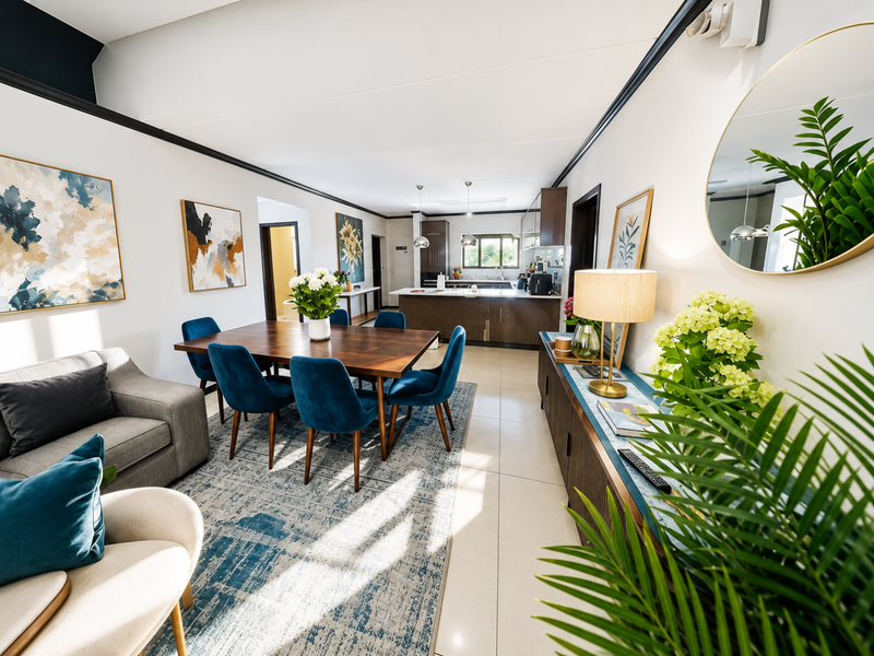 Spacious open-plan living and dining area featuring modern kitchen cabinetry, tiled floors, and high-quality finishes throughout the apartment.