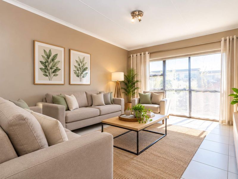 A bright and well-maintained living room featuring tiled flooring, neutral wall tones, and a large sliding glass door providing ample natural light.