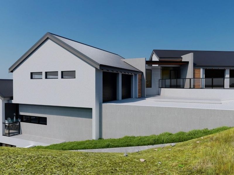 A modern architectural rendering of a multi-level house featuring a double garage, clean lines, and a spacious balcony overlooking the landscape.
