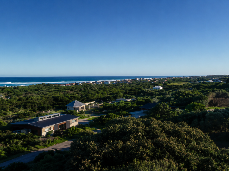 An elevated aerial view showcasing the coastal landscape, surrounding residential properties, and natural vegetation under a clear blue sky.