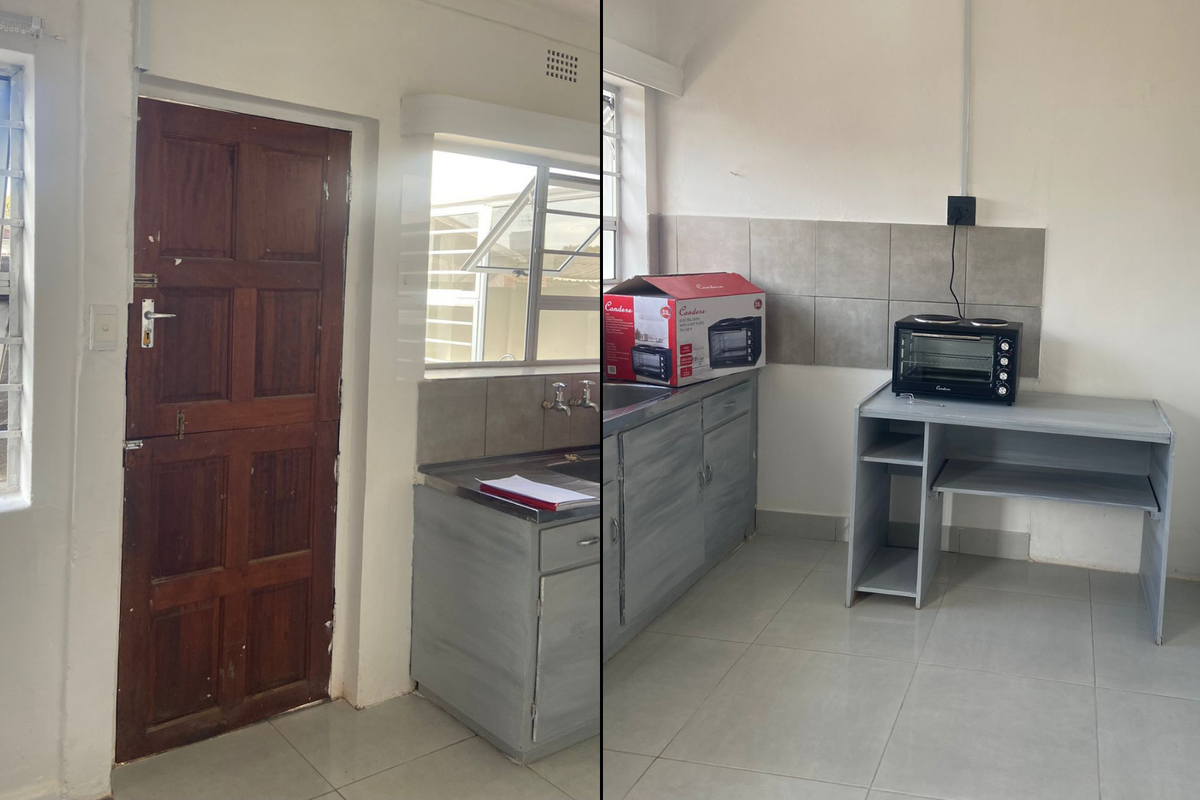 A compact kitchen area featuring tiled flooring, a tiled splashback, built-in cabinetry, and a sink, presented in a basic, functional condition.