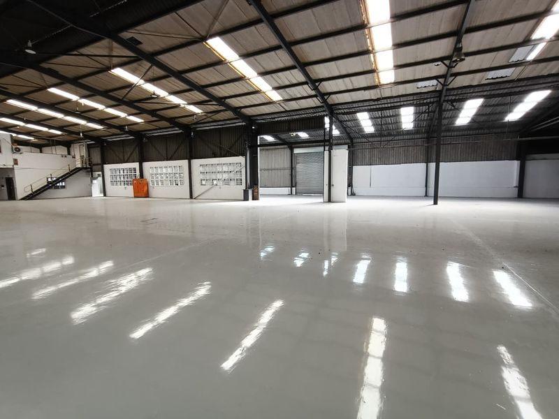 Spacious industrial warehouse featuring a high-clearance steel portal frame, polished epoxy flooring, and abundant natural light through translucent roof panels.