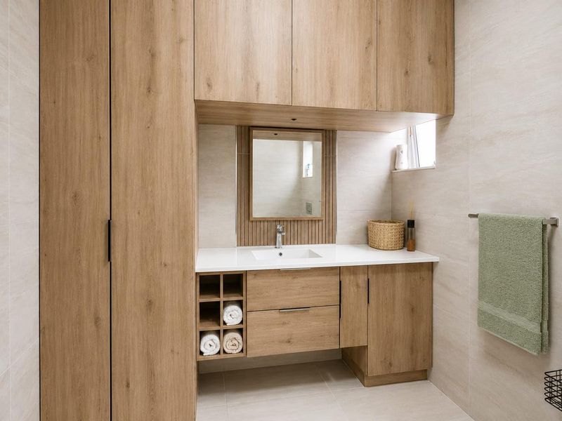 Modern bathroom featuring a wood-finish vanity with integrated sink, ample built-in cabinetry, and neutral wall tiling.
