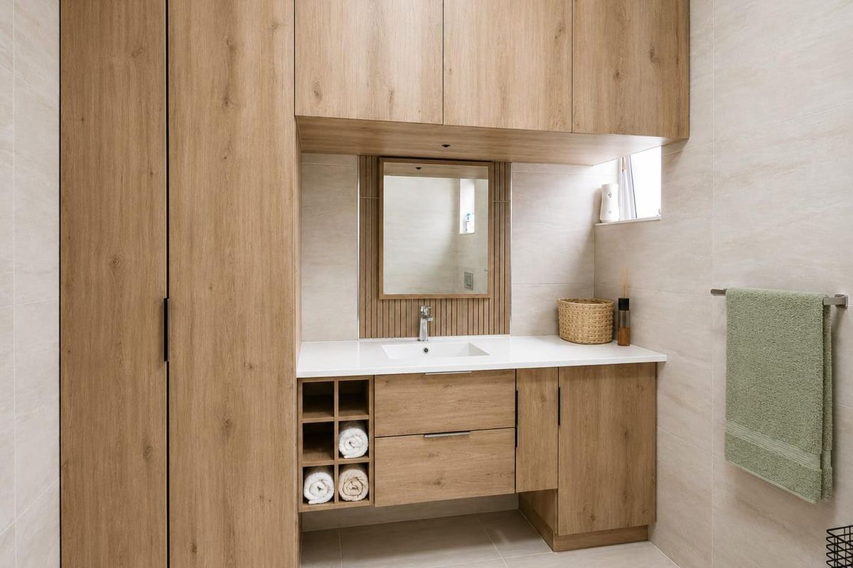 Modern bathroom featuring a wood-finish vanity with integrated sink, ample built-in cabinetry, and neutral wall tiling.