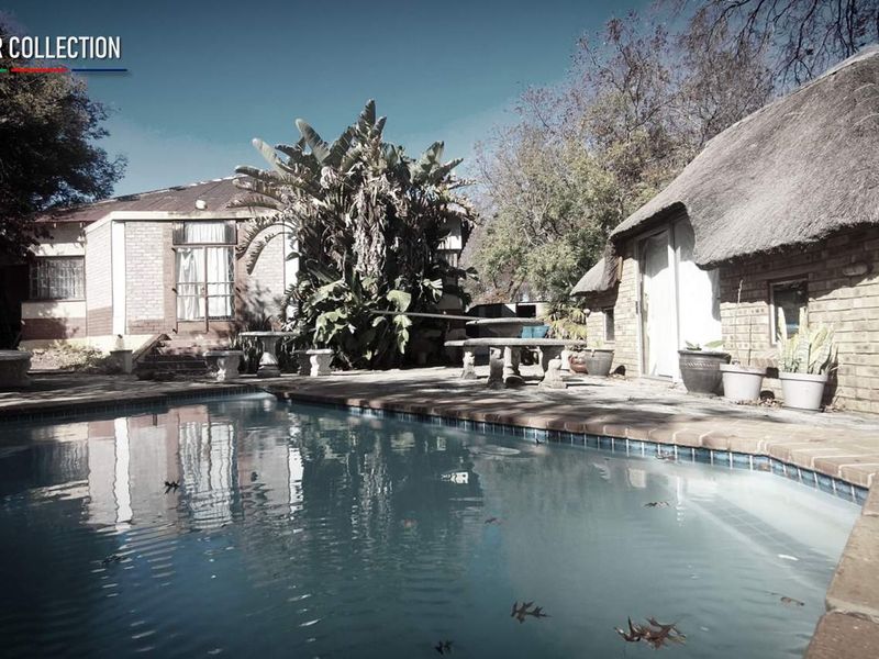 Outdoor pool area featuring a swimming pool, paved decking, and a structure with a traditional thatched roof.