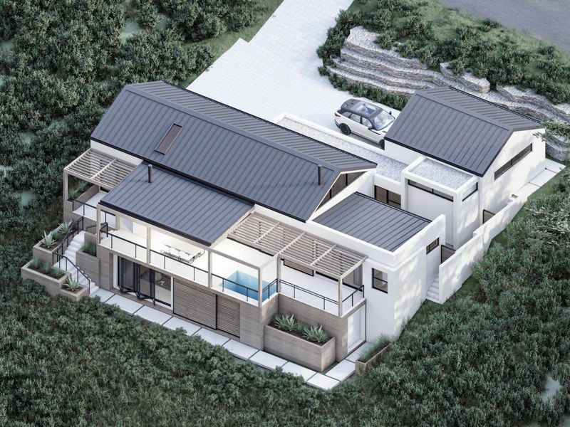 Aerial view of a modern residential property featuring a metal roof, timber pergolas, a swimming pool, and landscaped outdoor areas.