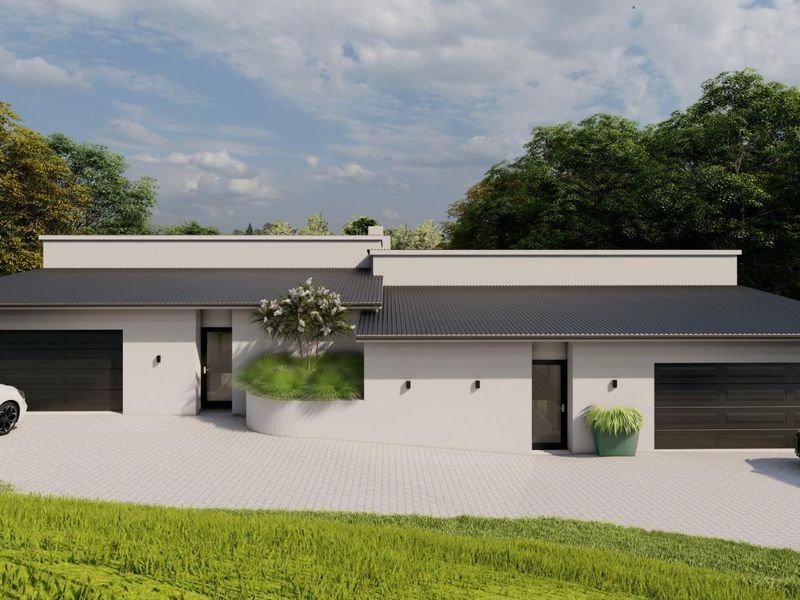 Modern single-story residential facade featuring a clean rendered finish, dual garages, and a paved driveway entrance.