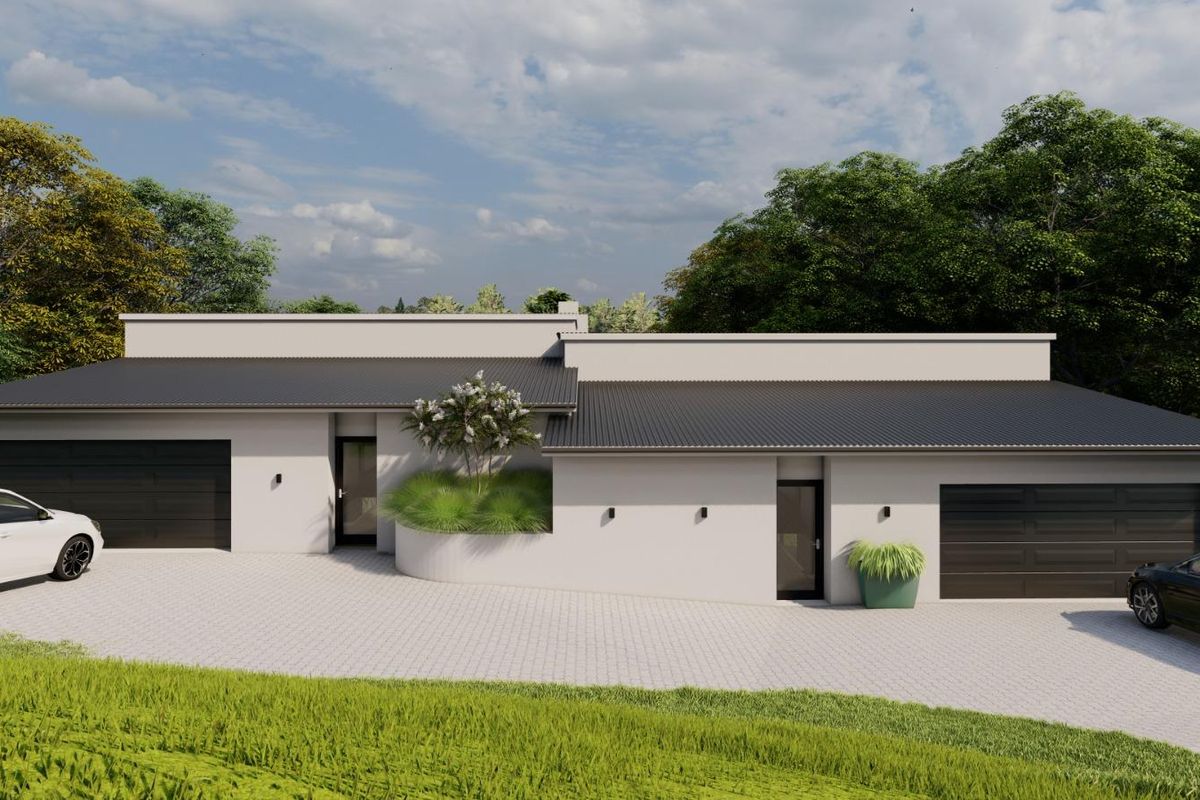 Modern single-story residential facade featuring a clean rendered finish, dual garages, and a paved driveway entrance.