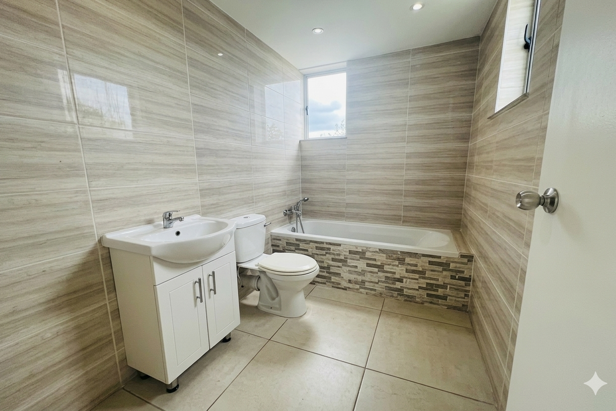 A modern bathroom featuring floor-to-ceiling wood-look wall tiles, a built-in bathtub with mosaic tile detailing, a pedestal vanity, and a toilet.