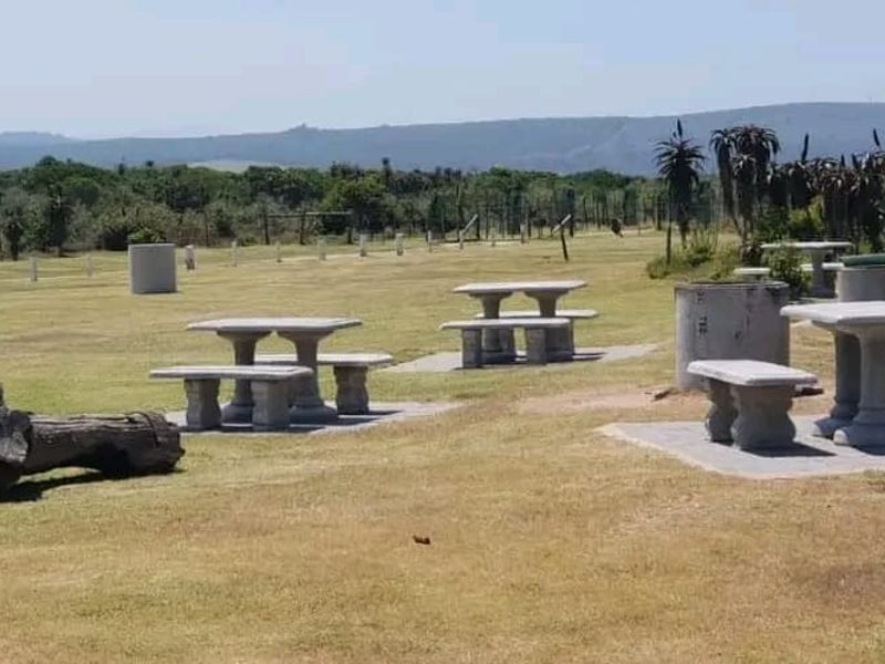 An open outdoor recreational area featuring fixed concrete picnic tables, benches, and refuse bins set within a landscaped garden space.