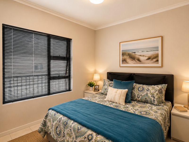 A well-maintained bedroom featuring neutral wall tones, tiled flooring, and black venetian blinds, offering a clean and comfortable living space.