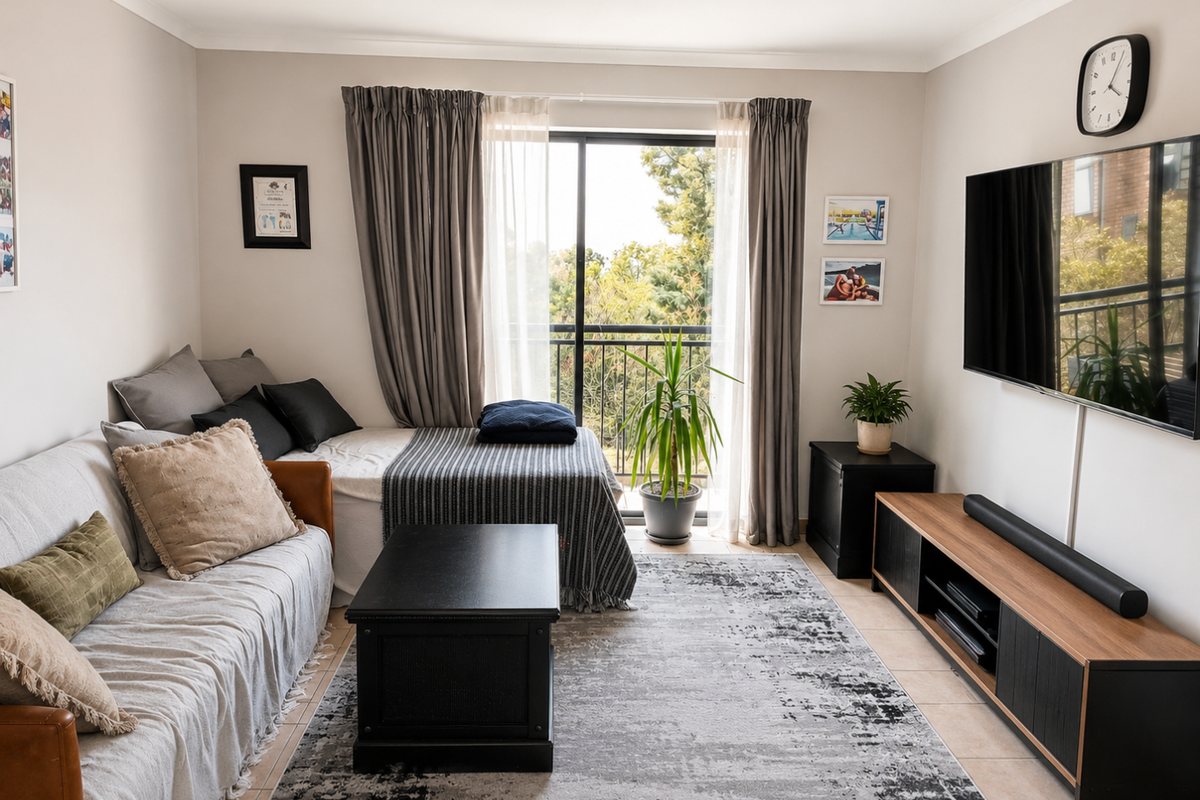 A well-maintained living room featuring tiled flooring, neutral walls, and a sliding glass door providing access to a balcony with natural light.