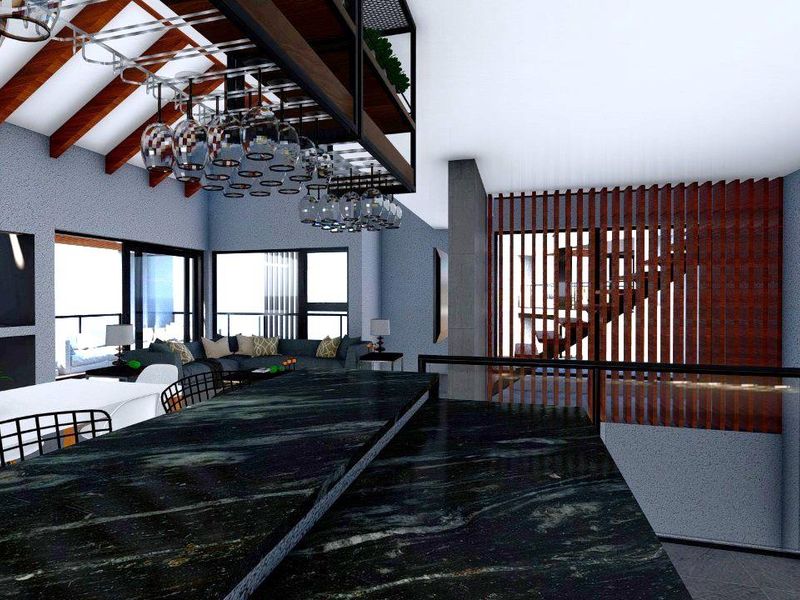 Modern open-plan living area featuring exposed timber beams, a sleek stone island, built-in fireplace, and contemporary timber slat architectural detailing.