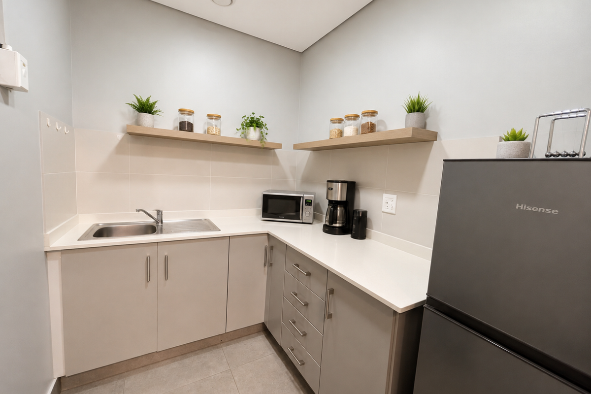 A modern office kitchenette featuring sleek grey cabinetry, stone countertops, a stainless steel sink, and floating timber shelves.
