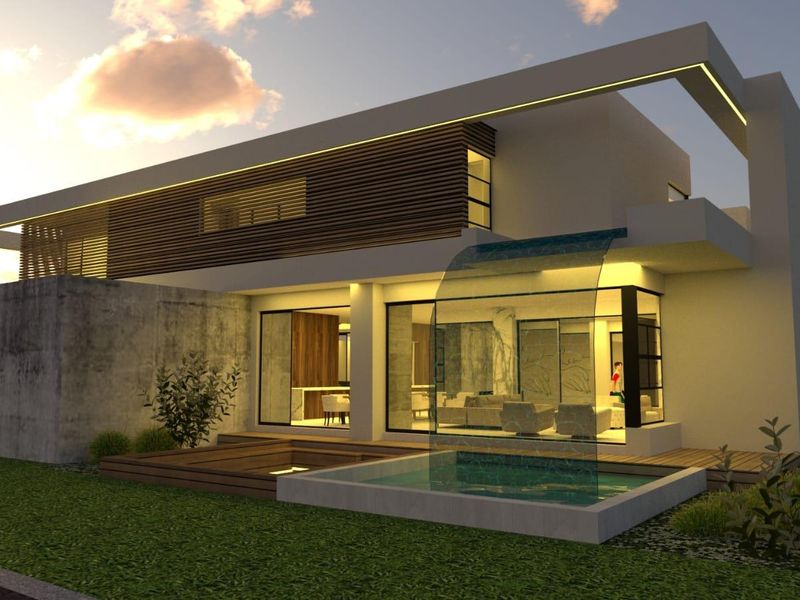 Modern architectural rear elevation featuring a swimming pool, integrated water feature, timber decking, and expansive sliding glass doors.