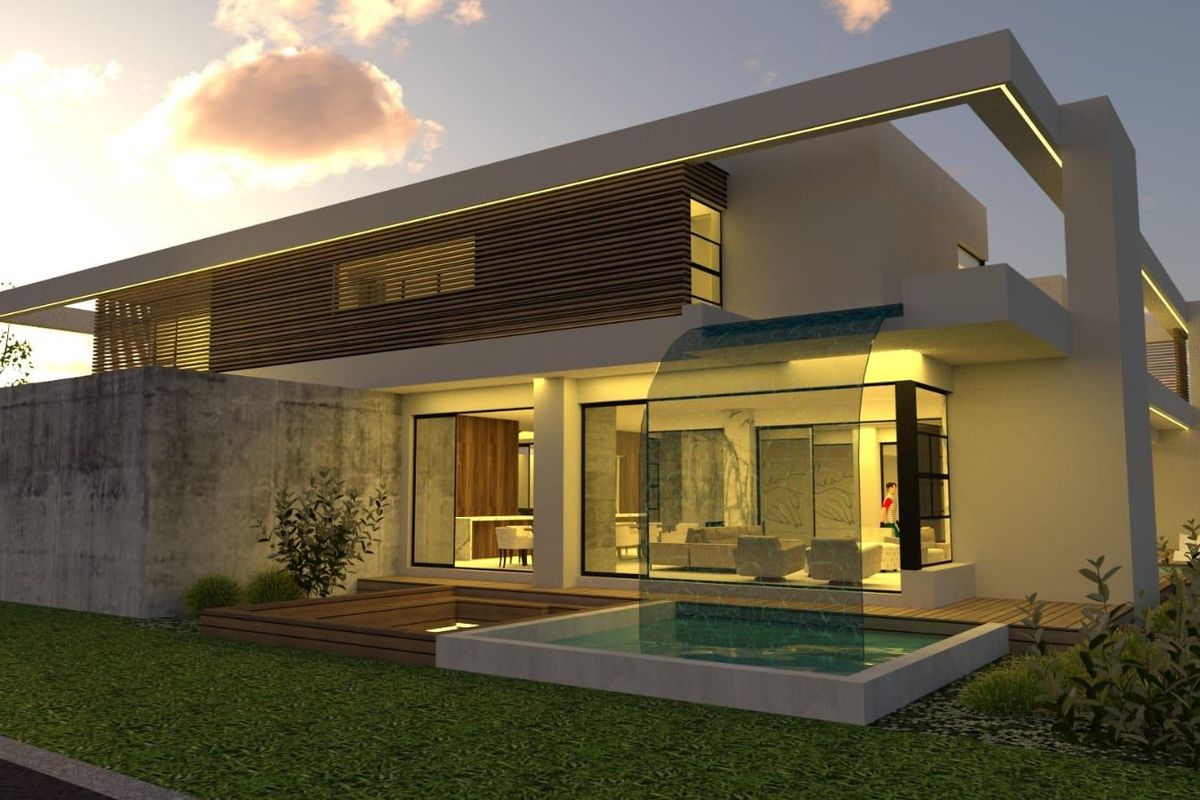 Modern architectural rear elevation featuring a swimming pool, integrated water feature, timber decking, and expansive sliding glass doors.