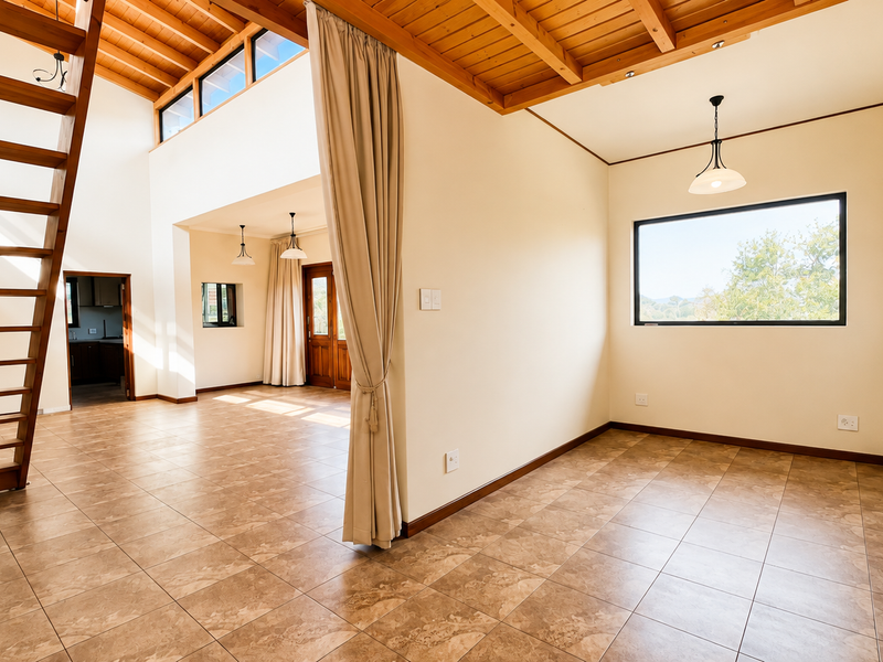 Spacious open-plan living area featuring high exposed timber ceilings, tiled flooring, a feature timber staircase, and abundant natural light from clerestory windows.