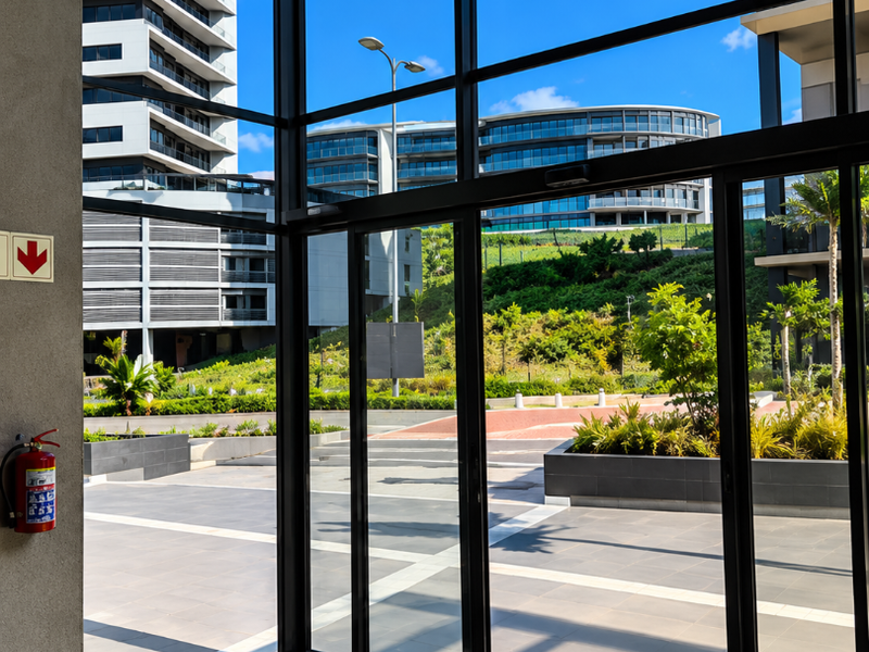 Modern commercial entrance featuring floor-to-ceiling glass panels and sliding doors, offering a clear view of the landscaped exterior and surrounding office buildings.
