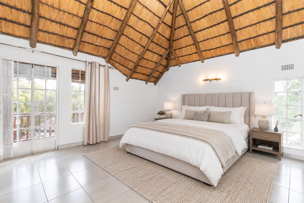 Spacious bedroom featuring a high vaulted thatched ceiling with exposed timber rafters, tiled flooring, and direct access to an outdoor balcony.