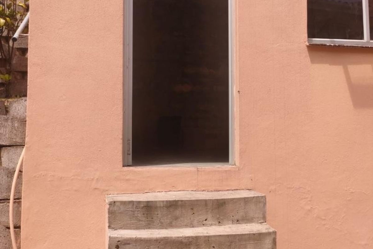 Rear exterior view showing concrete steps leading to a doorway with a security screen door and an adjacent window.