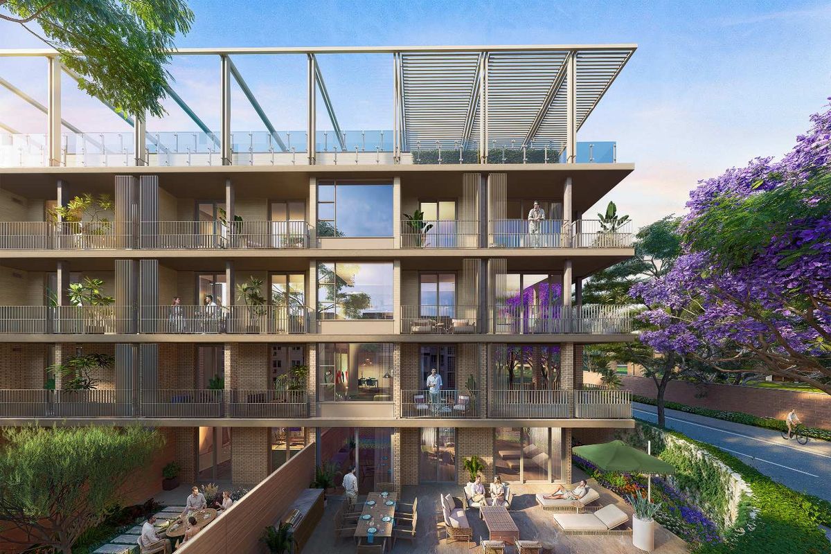 A modern penthouse apartment building featuring multiple levels of private balconies, a rooftop terrace structure, and a landscaped ground-level patio area.