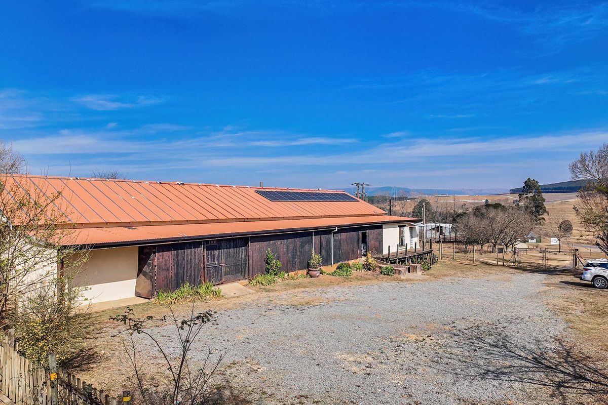 Rear view of a large rural outbuilding featuring a corrugated metal roof with integrated solar panels and timber-clad exterior walls.