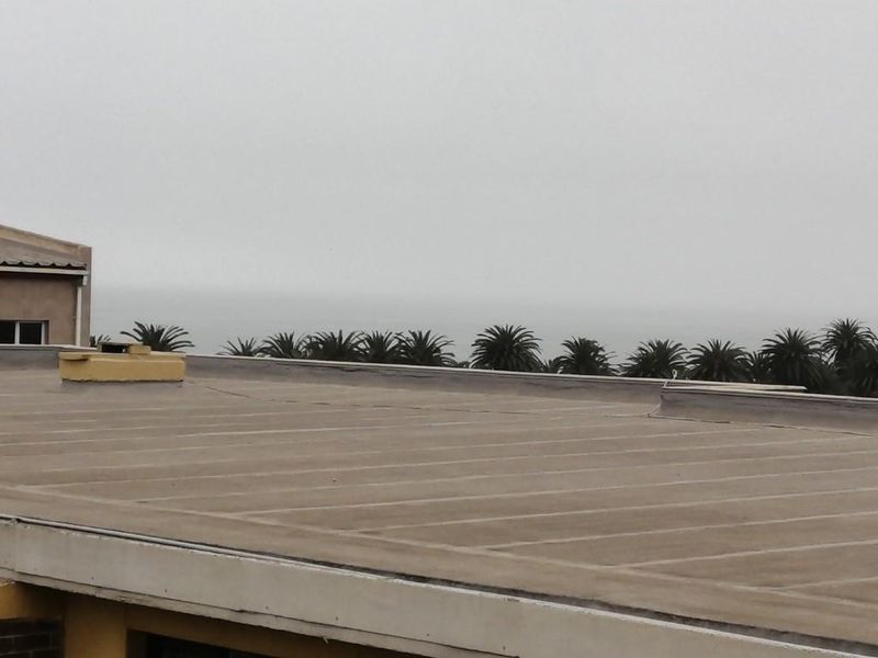 An elevated view overlooking a flat roof structure with a distant horizon and palm trees visible in the background.