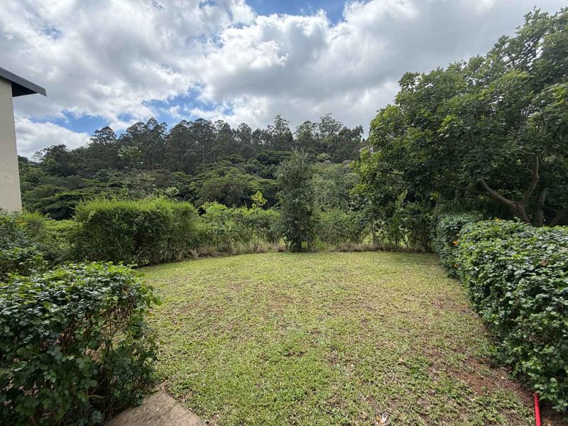 A well-maintained private garden area featuring a lush lawn, established trees, and dense perimeter hedging, offering a peaceful outdoor setting.