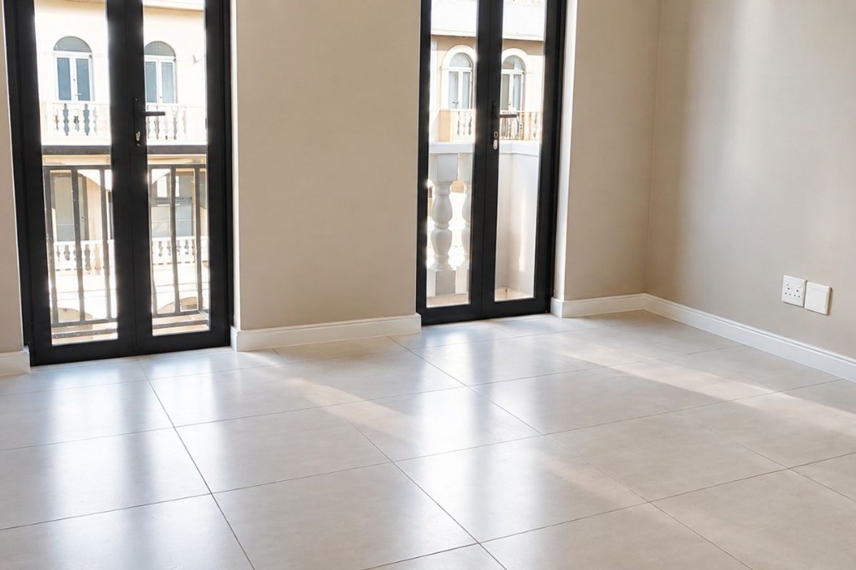 A bright, empty bedroom featuring neutral tiled flooring, built-in cupboards, and double french doors leading to a balcony.