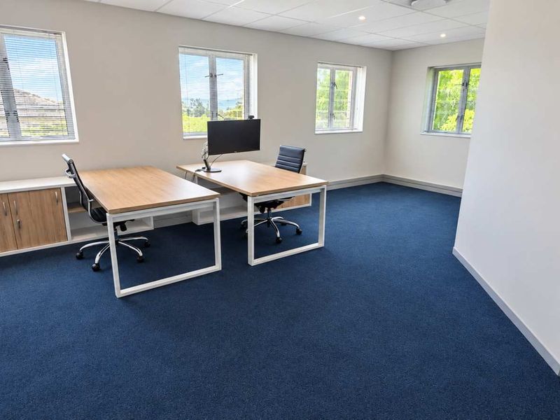 A bright and functional office space featuring blue carpeting, built-in storage cabinetry, and multiple windows providing natural light.
