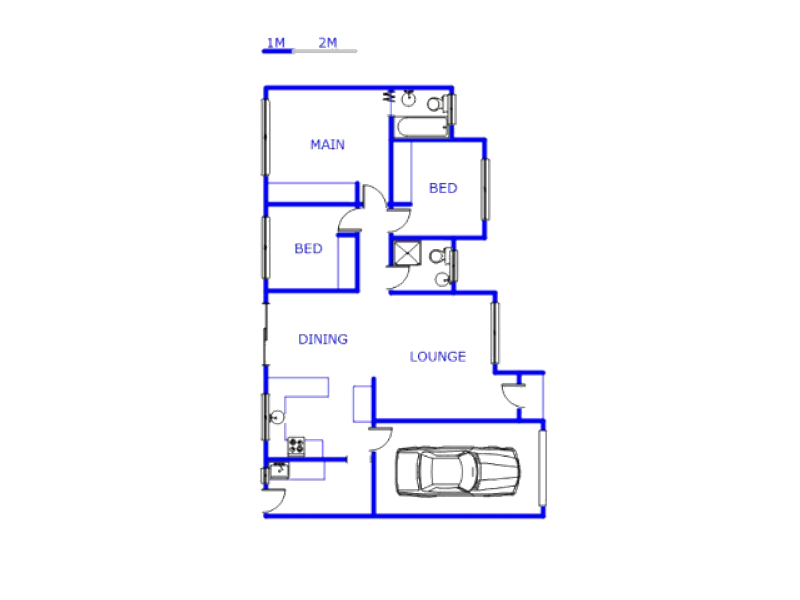 A clear architectural floor plan showing a three-bedroom townhouse layout with a kitchen, dining area, lounge, two bathrooms, and a garage.