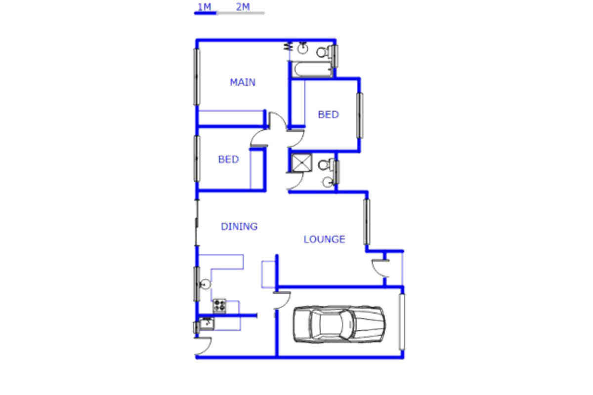A clear architectural floor plan showing a three-bedroom townhouse layout with a kitchen, dining area, lounge, two bathrooms, and a garage.