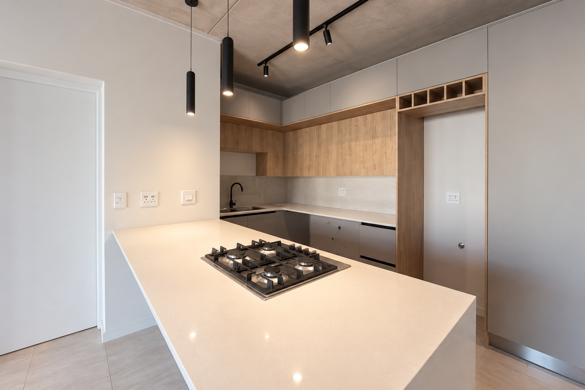 Modern kitchen featuring a central island with a gas hob, stone countertops, sleek cabinetry, and contemporary pendant lighting against an exposed concrete ceiling.